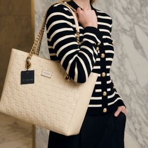 St. John Cream Woven Leather Tote with Gold Chain Handles